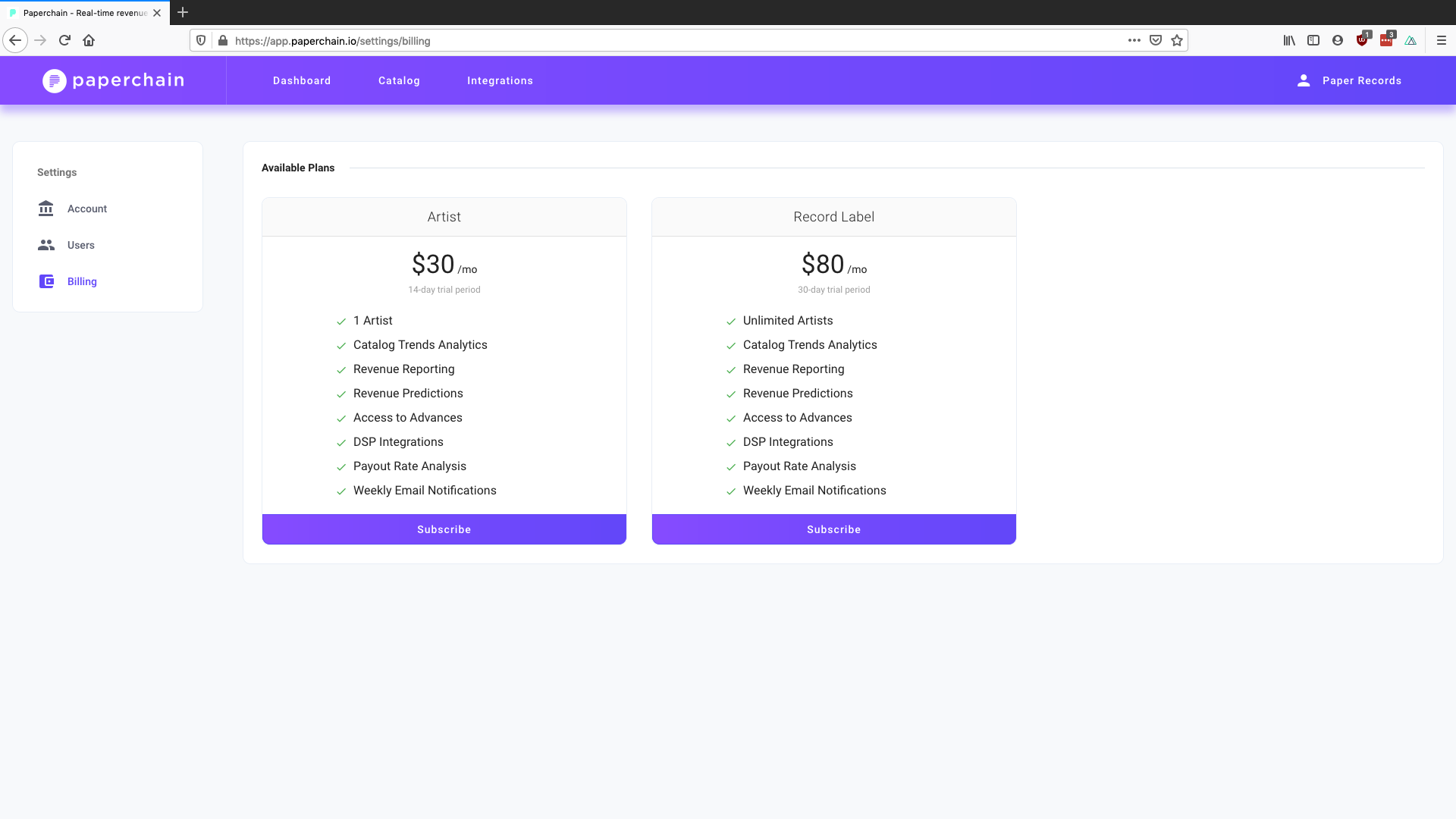Paperchain Subscription Plans - Beta